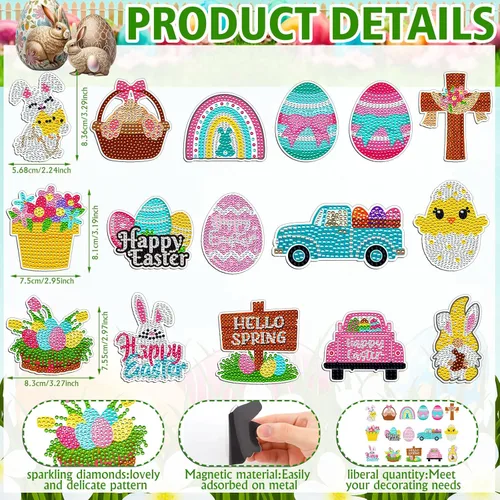 Miniatura 3 de Umigy 16 piezas de imanes de arte de diamante de Pascua para refrigerador, imanes de pintura de diamante de primavera, huevos DIY, gnomo, camión