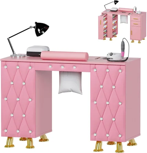 Miniatura 8 de Kikihouse Mesa de manicura, escritorio de uñas con colector de polvo y reposamuñecas, estación de trabajo resistente a acetona con cajones