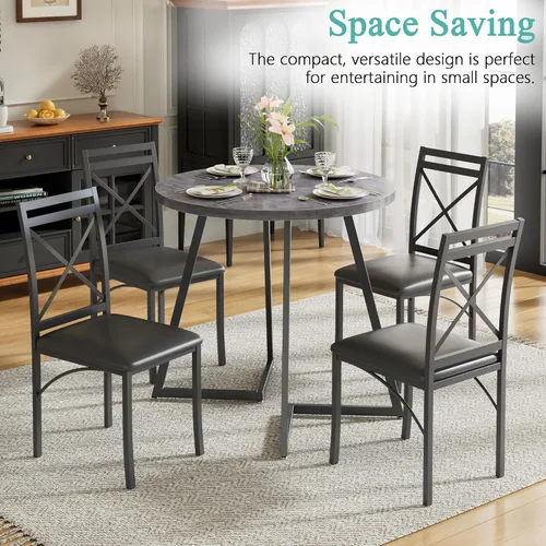 Miniatura 5 de VECELO Mesa de comedor redonda de 35 pulgadas para 4, superficie de grano de madera y marco de acero resistente, para cocina, sala de estar, fácil