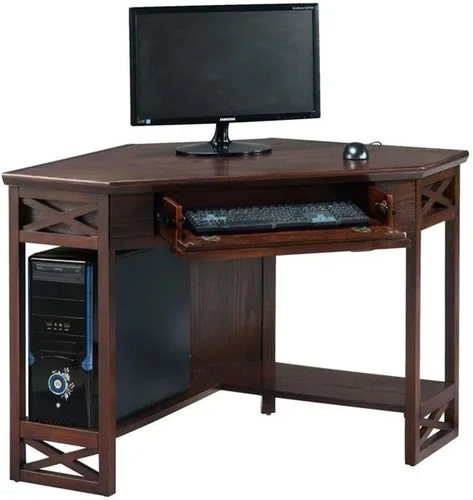 Miniatura 11 de Leick Home Sage 85430 - Escritorio esquinero de oficina, madera maciza, con cajón frontal para teclado, color blanco blanco (White/Brushed Nickel)
