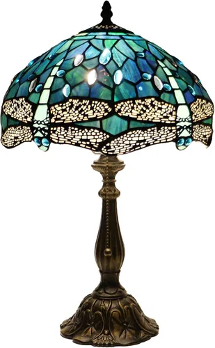 Miniatura 7 de Tiffany Lamp Stained Glass Table Lamp Bedside Reading Light W12H19 Inches (Sea Blue Dragonfly Style)
