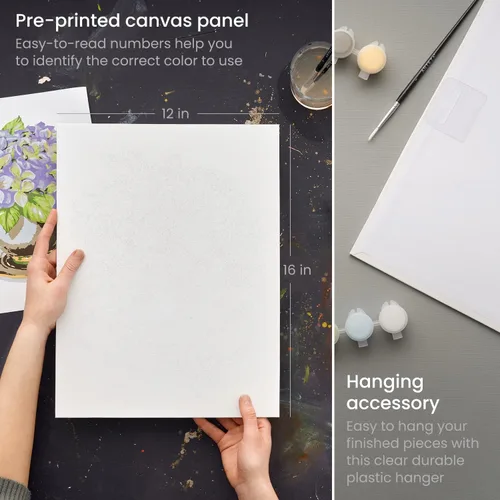 Miniatura 2 de ARTEZA Pintura por números para adultos, 12 x 16 pulgadas, 21 piezas, kit de pintura de flores de hortensias por números, 1 panel de lienzo, 12