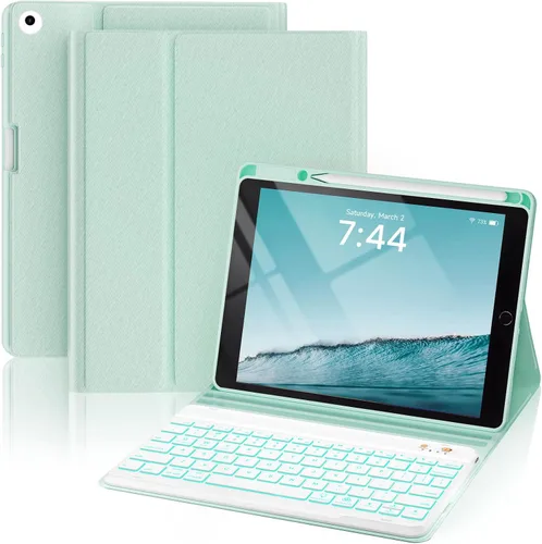Miniatura 13 de OYEEICE Funda de teclado para iPad 6ª/5ª generación de 9.7 pulgadas, teclado inalámbrico desmontable retroiluminado de 7 colores, cubierta magnética