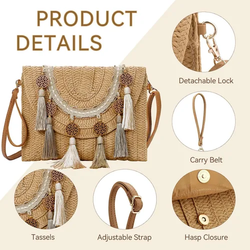 Miniatura 2 de YYW Bolso de paja con paja, bolso de hombro de paja para mujer, para verano, playa, crucero, sobre, embrague, bolsa de rafia