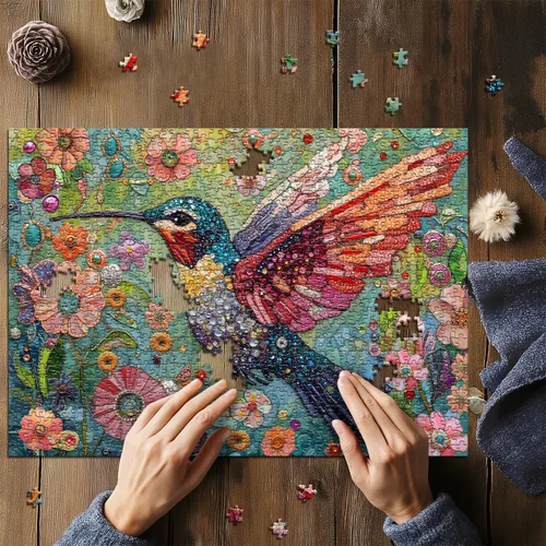 Miniatura 5 de Rompecabezas de Colibrí para Adultos 1000 Piezas, Rompecabezas de Arte de Aves de la Naturaleza, Flores y Joyas, Rompecabezas de Diamantes