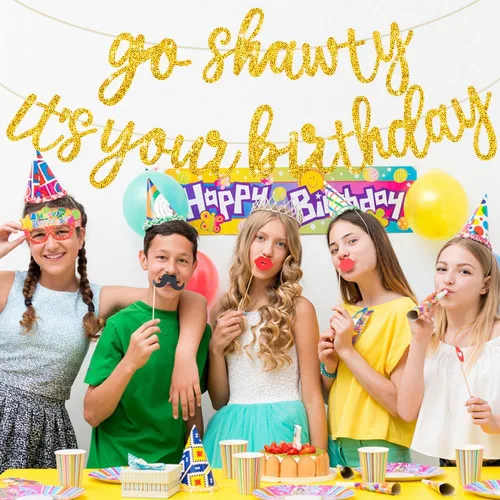 Miniatura 4 de BEISHIDA Pancarta "Gold Go Shawty It's Your Birthday" – 11.4 pies, NO DIY, pancarta de feliz cumpleaños con temática de hip hop con purpurina, Oro