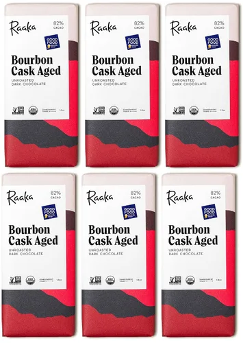 Raaka Chocolate Bourbon Cask Aged 82% Chocolate negro | Regalo de chocolate negro gourmet | Orgánico, vegano, sin soja, sin gluten, Kosher | Barras