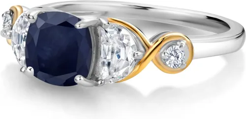 Miniatura 4 de Anillo de compromiso de 3 piedras de plata 925 y oro amarillo de 10 quilates, zafiro, media luna, moissanita y diamante cultivado en laboratorio
