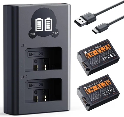 K&F CONCEPT Batería EN-EL25 de 1600 mAh 2 unidades EN-EL25A y cargador de batería LCD dual para Nikon Z50II, Z50, Z30, Z FC Camera MH-32 Cargador de
