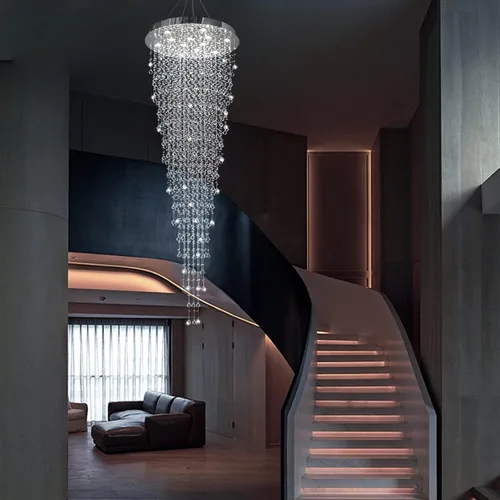 Miniatura 6 de Candelabro de escalera de cristal contemporáneo, lámpara colgante de suspensión para escalera, techo alto, vestíbulo, entrada, 32 pulgadas de ancho