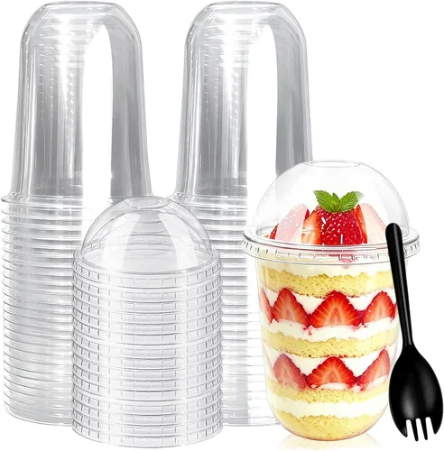 Miniatura 8 de Jnnzzggu Paquete de 50 tazas de postre de plástico transparente de 9 onzas con tapas de cúpula, cuencos desechables sin agujeros para pudín
