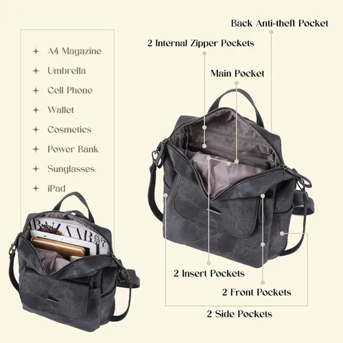 Miniatura 3 de Bolso tipo mochila para mujer, pequeño, de cuero impermeable antirrobo, bolsos de hombro para damas