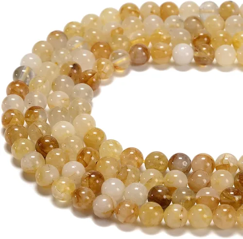 JM Design Cuentas de cuarzo curandero dorado natural, cuentas redondas lisas de 0.236 pulgadas para hacer joyas, manualidades, pulseras, anillos,