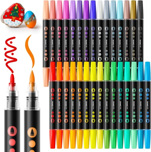 SUNEE Marcadores de pintura acrílica de 30 colores, bolígrafos de pintura de doble punta y pincel con sistema de control automático de tinta, 30