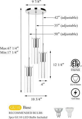 Miniatura 5 de Iluminación Colgante de XiNBEi, Luz Colgante en Cúmulo para Isla de Cocina de 3 Luces con Cristal y Bombilla LED XB-P1110-3-CH Cromo