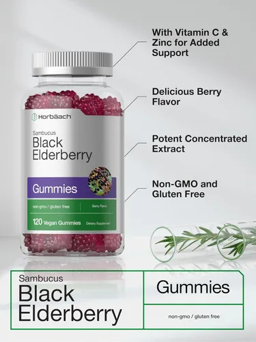 Miniatura 4 de Horbaach Gomitas de saúco negro 120 unidades Extracto de Sambucus con zinc y vitamina C Sabor a bayas Suplemento vegano, sin OMG y sin