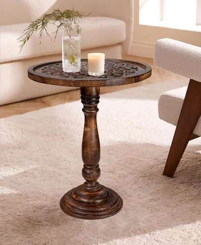 Miniatura 2 de Mesa de café de madera, mesa auxiliar con pilar individual, mesa pequeña, mesita de noche, mesa lateral, mesa de cabecera, mesa lateral de sala