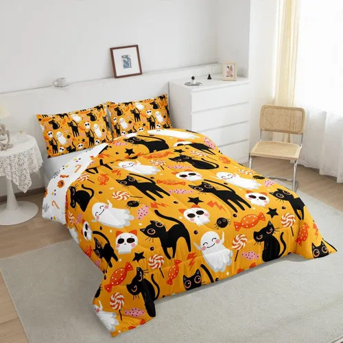 Miniatura 5 de Erosebridal Juego de edredón de Halloween para niños, tamaño individual, juego de ropa de cama de calavera de azúcar para decoración de habitación