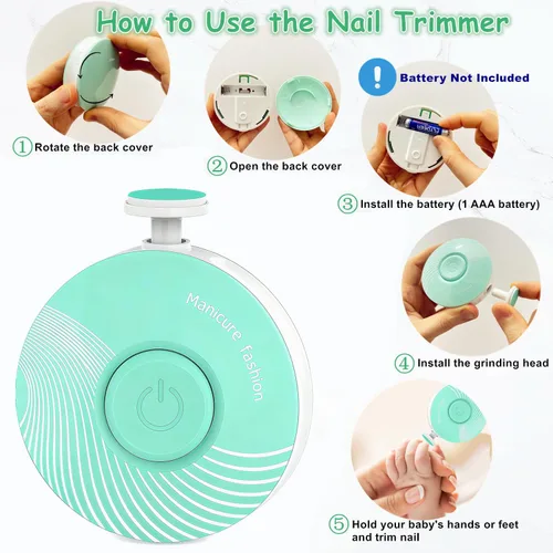 Miniatura 4 de Cortadora de uñas para bebé, eléctrica, fácil y segura, lima de uñas para bebés recién nacidos, cortaúñas silenciosa, 6 cabezales de molienda, verde