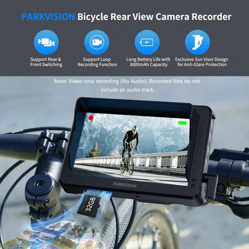 Miniatura 2 de PARKVISION Cámara de Vista Trasera para Bicicleta, Monitor de 4.3'' 1080P con Protector Solar, Batería de 8000mAh, Grabación en Bucle, Tarjeta TF
