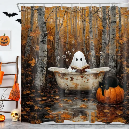 LB Cortina de ducha de otoño para baño, divertido gato negro con fantasma en la bañera en el bosque de otoño, cortina de ducha de tela de cosecha de