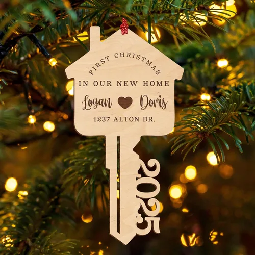 Miniatura 2 de First Christmas in Our New Home, adorno de Navidad personalizado 2025 con tu dirección y nombres, grabado con láser personalizado de madera de 4