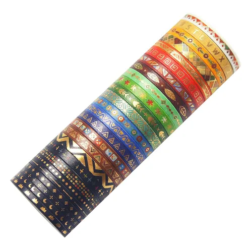 Miniatura 3 de YUBBAEX Juego de 26 rollos de cinta washi india, 0.197 in de ancho, tótem folclórico dorado fino decorativo para diario, álbum de recortes, agenda