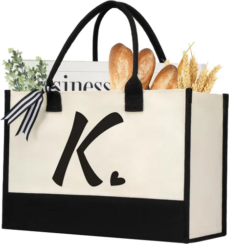 Miniatura 13 de shenee - Bolsa de lona con inicial, bolsa de yute personalizada para la playa, regalo de vacaciones para mujeres, cumpleaños de amigos, boda, año