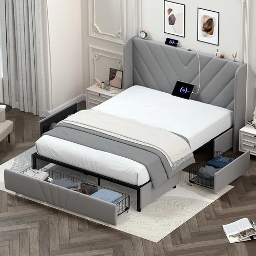 LUCKLIFE Base de cama tapizada con puertos USB y tipo C, cabecera en forma de V, cajones laterales y almacenamiento de estribo de gran tamaño, no