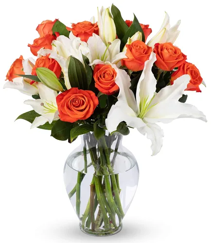 Benchmark Bouquets - Rosas naranjas y lirios, jarrón incluido, flores frescas cortadas y cultivadas, regalo para decoración del hogar, cumpleaños,