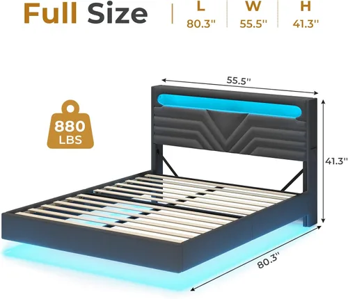 Miniatura 2 de HAUOMS Marco de Cama Completamente Flotante Tamaño Full con Cabecera de Luz LED, Estación de Carga Type-C y USB, Marco de Cama Plataforma Tapizada