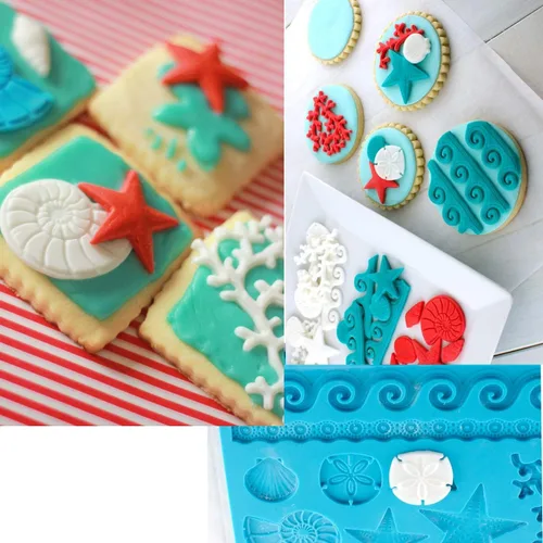 Miniatura 9 de Sea Shell Silicona Fondant Molds Beach Theme Cake Decorating Starfish, Coral, Conch, Sea Wave Designs, Food Grade Platinum Silicone, For