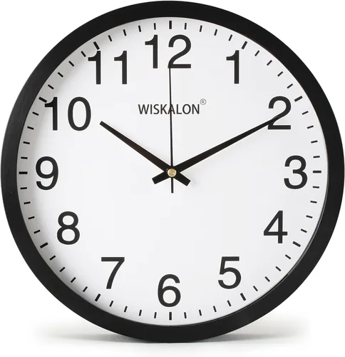 WISKALON Reloj de pared elegante con marco negro silencioso de 10 pulgadas, reloj de pared digital clásico con cristal, funciona con pilas, fácil de