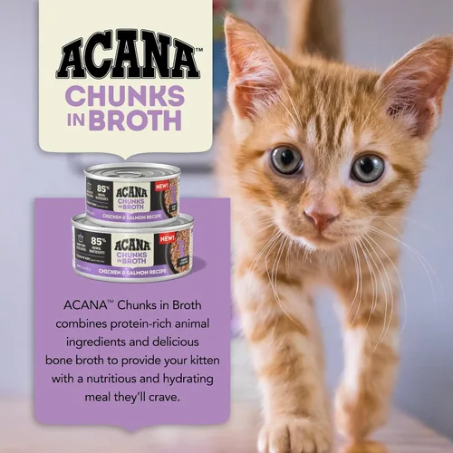 Miniatura 6 de ACANA Trozos en caldo Comida húmeda para gatos Receta de pollo y salmón para gatitos latas de 3 onzas (12 unidades)