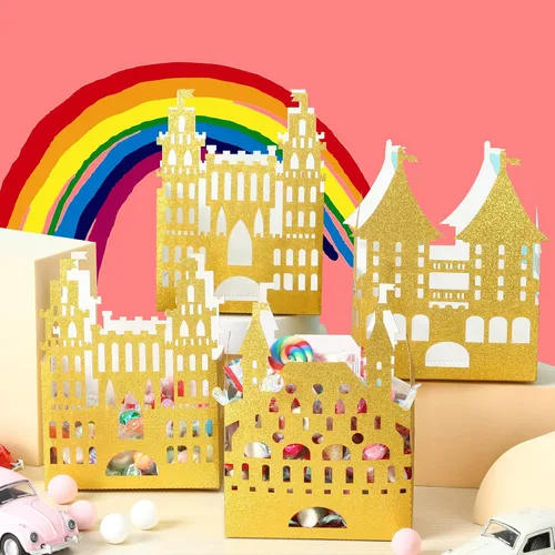Miniatura 6 de Caja dorada de castillo de princesa de 24 piezas, decoración de fiesta de cumpleaños de princesa, centro de mesa de castillo dorado, suministros