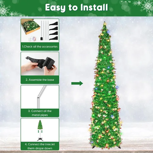 Miniatura 7 de Árbol de Navidad desplegable de 5 pies con 90 luces LED, árbol de Navidad plegable con trineo de lentejuelas y oropel delgado tipo lápiz