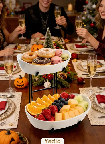 Miniatura 7 de Cuencos de frutas para encimera de cocina, no requiere montaje, cuencos de porcelana de 2 niveles con soporte de metal, cesta de frutas escalonada