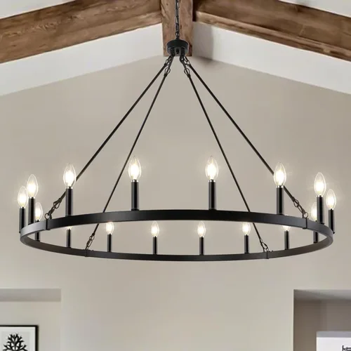 LynPon Candelabro Negro de Rueda de Vagón 119 cm, 16 Luces, Candelabro Moderno de Granja, Candelabro Grande Rústico de Techo Alto Redondo, Fixture