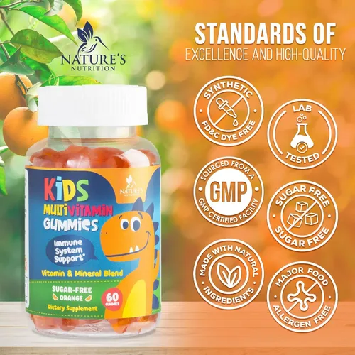 Miniatura 4 de Gomitas multivitamínicas para niños, sin azúcar, sabrosas gomitas de sabor a naranja, apoyo inmunológico diario con 100% vitamina B12, vitaminas