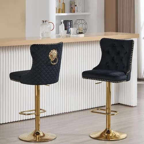 Taburetes de bar negros juego de 2 sillas de cocina giratorias de terciopelo con respaldo alto acolchado, taburetes dorados modernos tapizados con