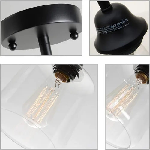 Miniatura 4 de VILUXY Lámpara Colgante de Vidrio Vintage, Iluminación Colgante Individual, Negro con Pantalla de Vidrio Transparente Clásico para Casa de Campo