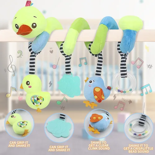 Miniatura 9 de Caterbee Juguetes de asiento de coche para bebé, juguetes colgantes en espiral de actividad, juguetes de cuna de felpa con chirriante para niño