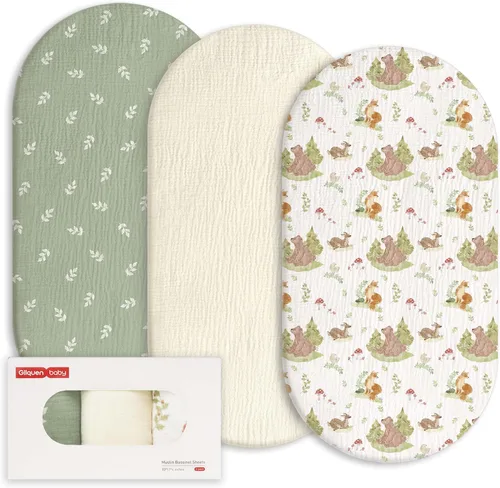 Miniatura 18 de Gllquen Baby Sábanas de Muselina para Moisés Paquete de 3, Sábanas Ajustadas de Algodón Transpirables Elásticas y Acogedoras para Colchón de Moisés