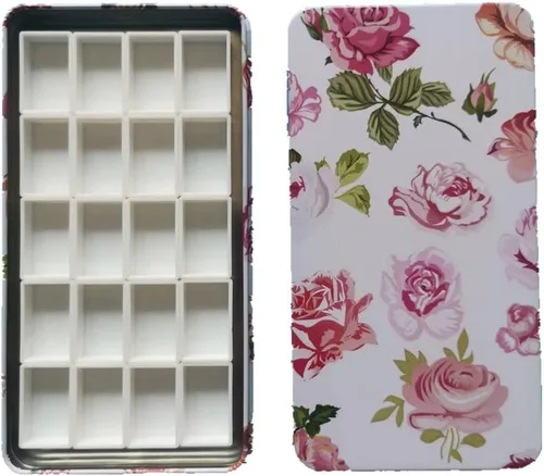 Paleta de lata vacía de acuarela vacía caja de pintura de metal que contiene 20 piezas de plástico completo sartenes con rayas magnéticas en la Rosa