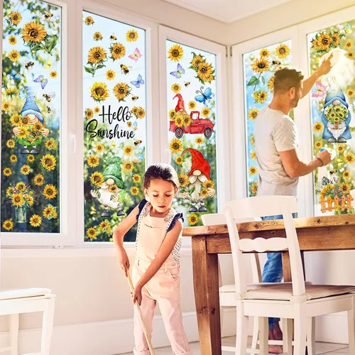 Miniatura 4 de Capoda 122 calcomanías de pared de primavera, 6 hojas, calcomanías de pared de gnomo de girasol, decoración de camión de gnomo, decoración