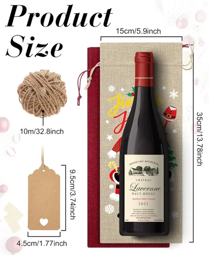 Miniatura 7 de Aoonby 12 piezas de bolsas de vino de arpillera, bolsas de regalo de vino de Navidad para botellas, regalos, bolsa de botella de Navidad con cordón