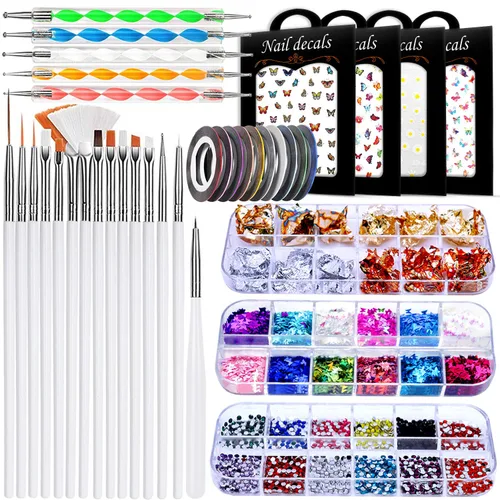 Kit de pinceles y decoraciones de uñas - Arte de uñas 3D, herramientas de puntos, purpurina, calcomanías, diamantes de imitación, papel de aluminio,