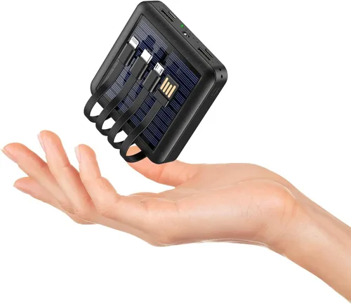 Miniatura 8 de Cargador solar portátil de 12000 mAh, batería de energía solar pequeña, batería externa con entrada/salida USB C con 4 cables incorporados, linterna