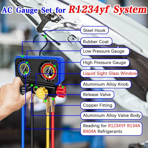 Miniatura 4 de Boltigen R1234yf Juego de calibradores de 4 vías para refrigerante R1234yf R134a, kit de medidor de CA automotriz con manguera, acopladores rápidos