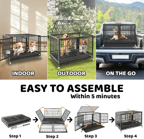 Miniatura 7 de Homey Pet Paquete de 2 jaulas apilables de tres niveles de 43 pulgadas para perros con ruedas, jaula de acero indestructible para perros